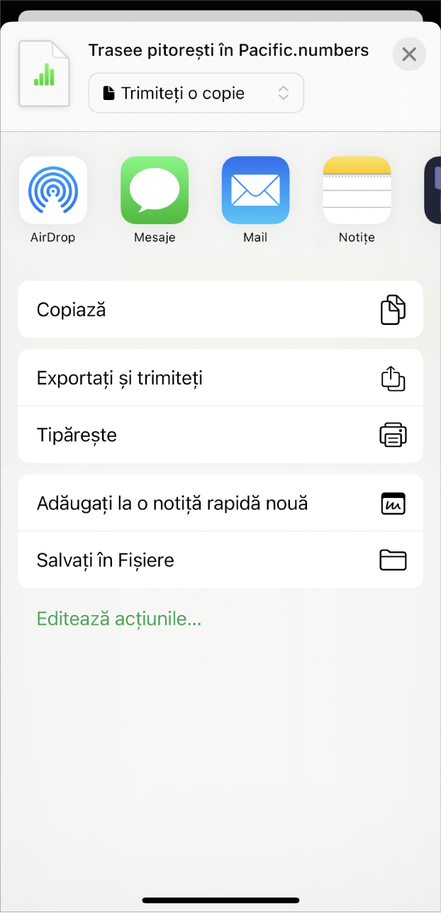 Fereastra Numbers afișând meniul Partajare, cu opțiuni pentru trimiterea unei copii a foii de calcul, exportarea și trimiterea într‑un format diferit sau tipărirea sau salvarea foii de calcul în aplicația Fișiere.