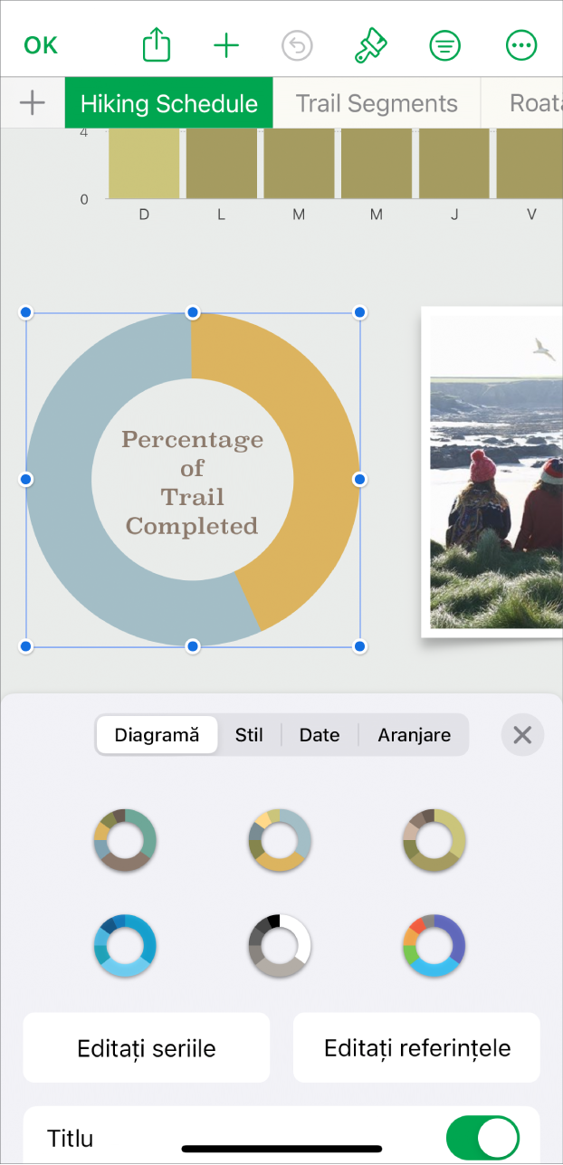 O diagramă disc afișând procentajul traseelor finalizate. Meniul Format este și el deschis, prezentând diferite stiluri de diagramă din care să puteți alege, cât și opțiunile de editare a seriilor sau referințelor din diagramă și activarea sau dezactivarea titlului diagramei.