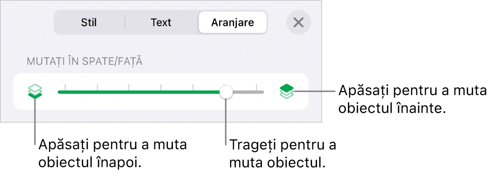 Butonul Deplasare înapoi, butonul Deplasare înainte și glisorul pentru straturi.