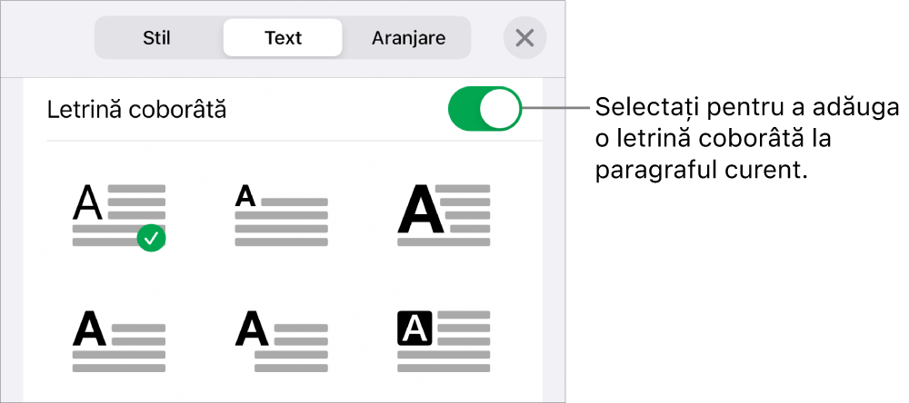 Comenzile Letrină coborâtă situate în meniul Text.