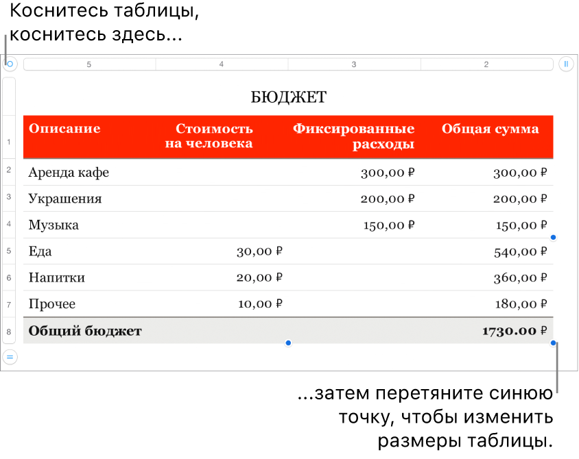 Выбранная таблица с синими точками для изменения размера.