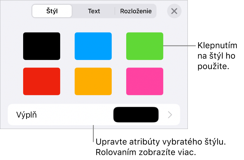 Záložka Štýl menu Formát so štýlmi tvarov v hornej časti a paletou farieb výplne pod nimi.