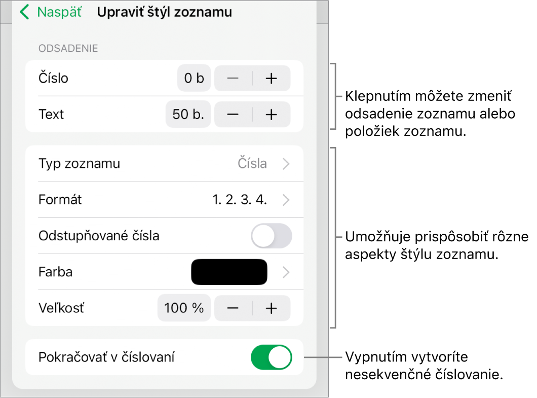 Menu Upraviť štýl zoznamu s ovládacími prvkami pre odsadenie, typ a formát zoznamu, odstupňované čísla, farbu a veľkosť zoznamu a nadväzujúce číslovanie.