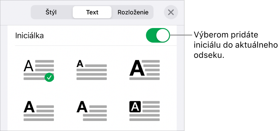 Ovládacie prvky Iniciálka v menu Text.