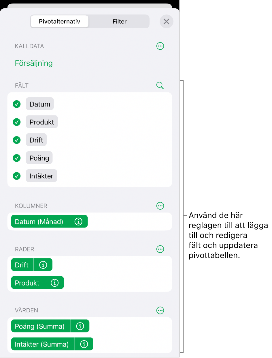 Menyn Pivotalternativ visar fält i avsnitten Kolumner, Rader och Värden samt reglage för att redigera fälten.