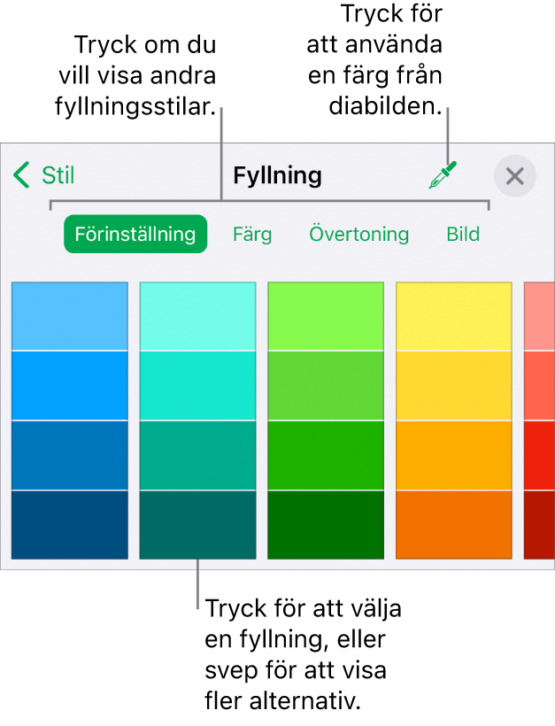 Fyllningsalternativ på fliken Stil för formatknappen.