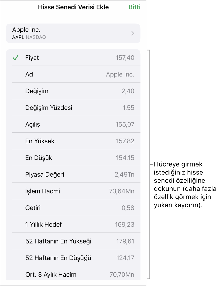 En üstte hisse senedi adı ve onun altında fiyat, ad, değişim, değişim yüzdesi ve açılış da dahil olmak üzere seçilebilir hisse senedi özellikleri listelenen hisse senedi verisi üst öğesi.