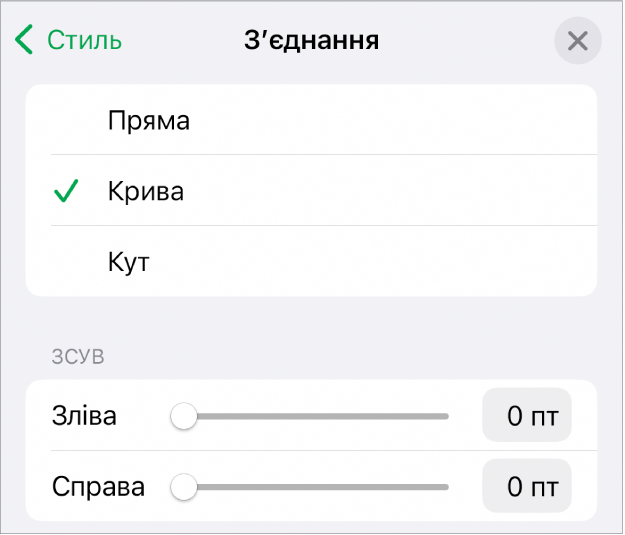 Елементи керування розділу «Зʼєднання» з вибраним засобом «Крива».