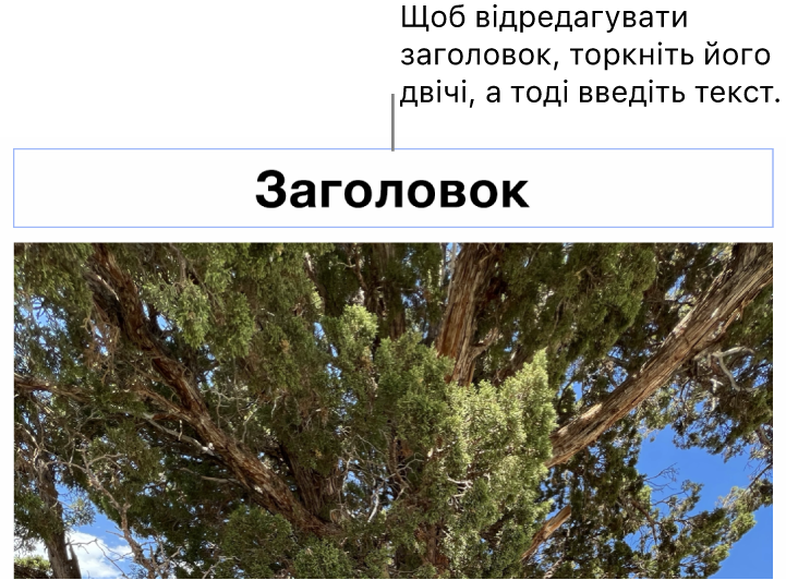 Зразок «Заголовок» відображається під фотографією, синій контур довкола поля заголовку вказує, що його вибрано.