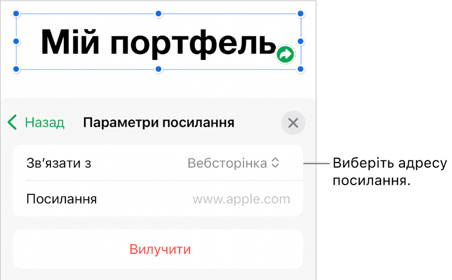 Елементи керування параметрами посилань із вибраною вебсторінкою та кнопкою «Вилучити» внизу.