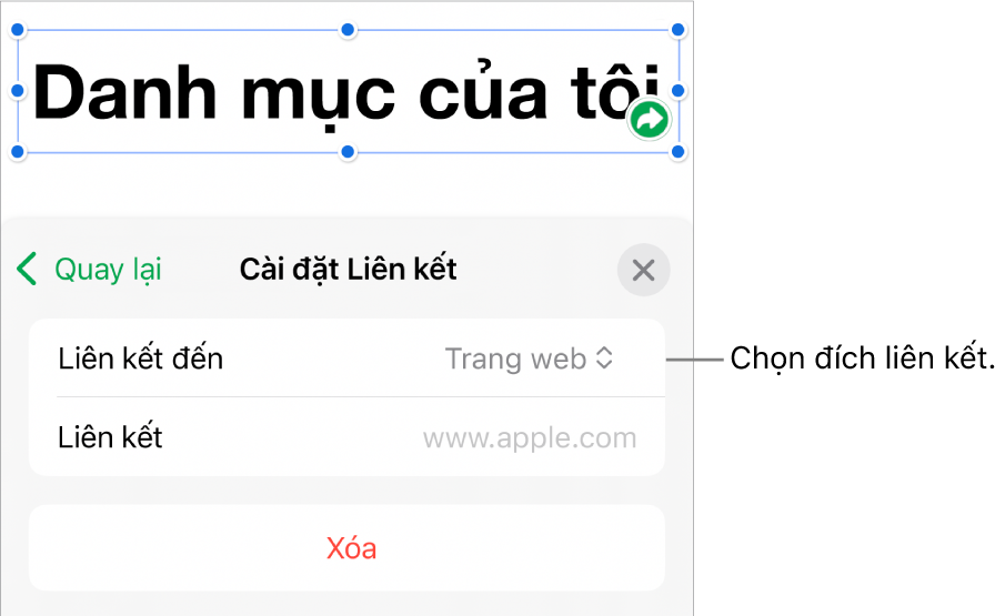 Các điều khiển Cài đặt Liên kết với Trang web được chọn và nút Xóa nằm ở cuối.