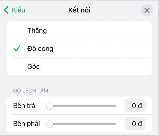 Các điều khiển Kết nối với Cong được chọn.