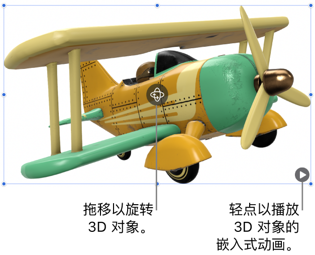 3D 对象，中心带有“旋转”按钮，右下角带有“播放”按钮。