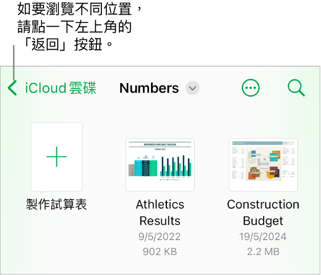 試算表管理器的瀏覽顯示方式，左上角為「返回」按鈕，下面是「搜尋」欄位。「搜尋」欄位下方是「製作試算表」按鈕，其位於現有試算表的縮圖旁。右上角為「加入」按鈕和「更多」按鈕。