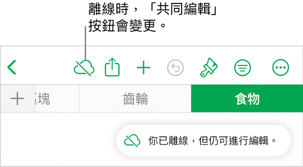 螢幕最上方的按鈕，其中「共同編輯」按鈕已變成被對角線劃過的雲朵圖像。螢幕上的警示顯示「你已離線，但仍可進行編輯。」