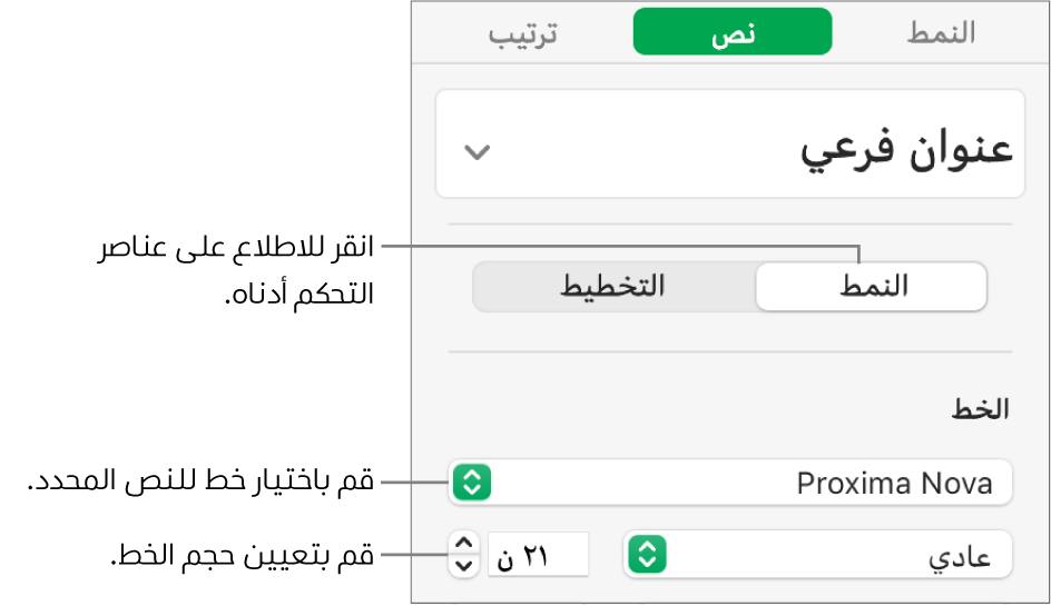 عناصر التحكم في النص في قسم النمط من الشريط الجانبي "التنسيق" لتعيين الخط وحجم الخط.