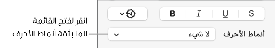 القائمة المنبثقة أنماط الأحرف.