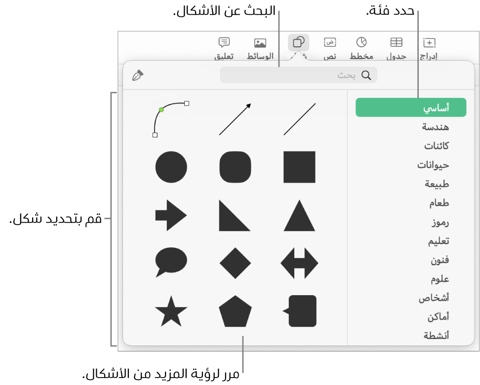 مكتبة الأشكال، مع الفئات مدرجة على اليمين والأشكال معروضة على اليسار. يمكنك استخدام حقل البحث بالجزء العلوي للبحث عن أشكال والتحريك لرؤية المزيد.