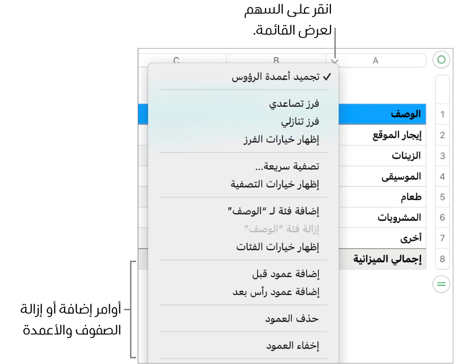 قائمة أعمدة الجدول وبها أوامر لإضافة أو حذف الصفوف والأعمدة.