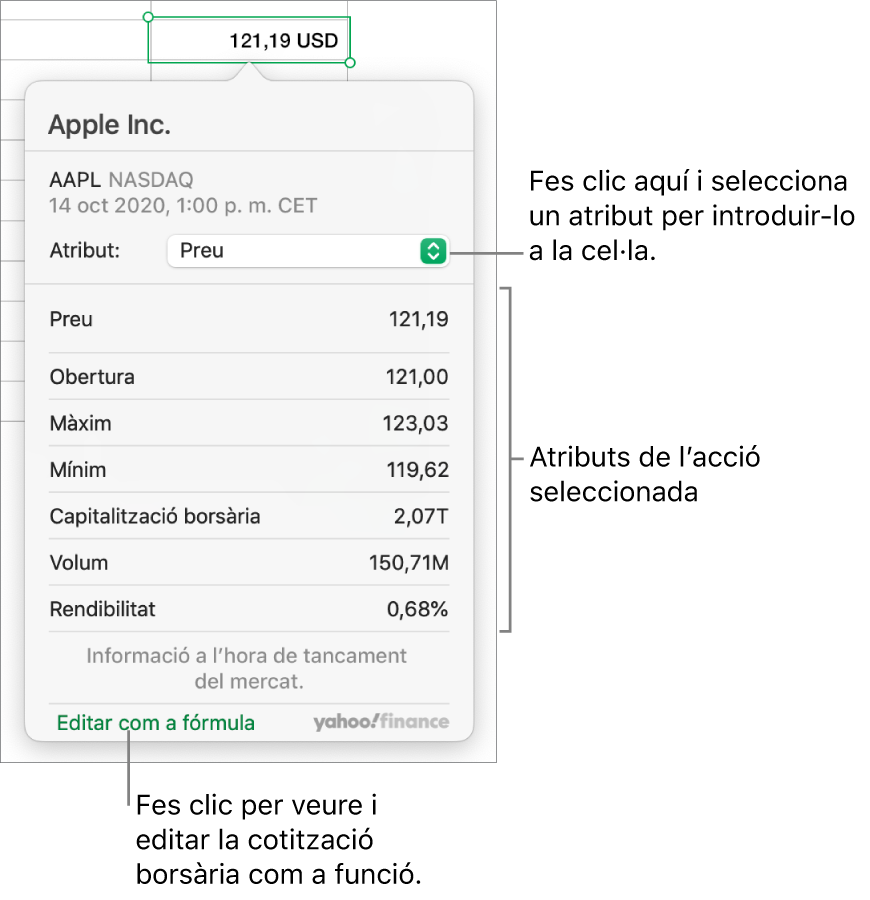 Diàleg per introduir informació d’atribut d’accions, amb Apple com a acció seleccionada.