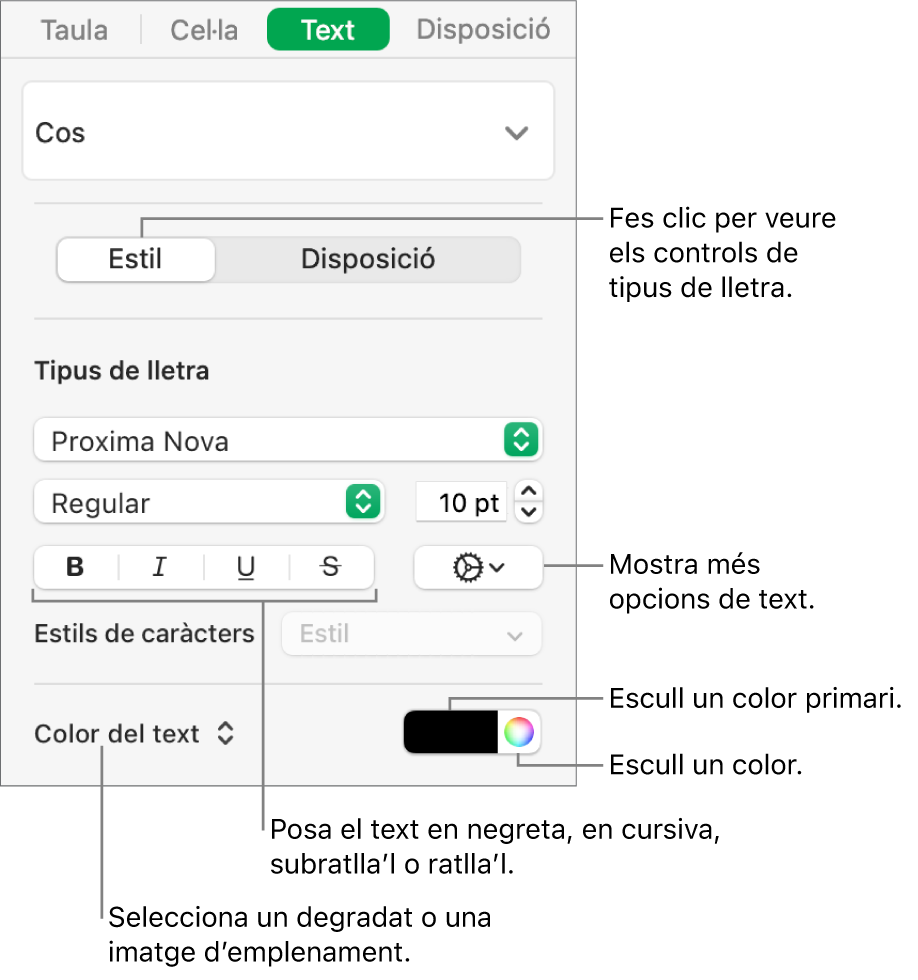 Els controls per aplicar un estil al text d’una taula.