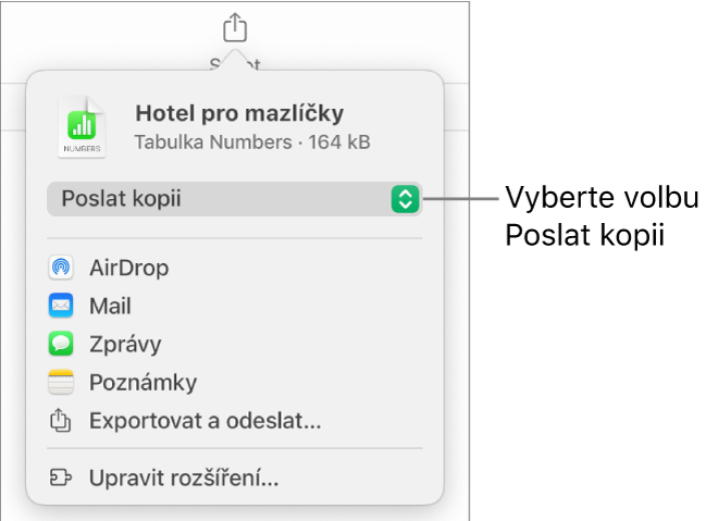 Nabídka sdílení, v níž je nahoře vybraná volba Poslat kopii