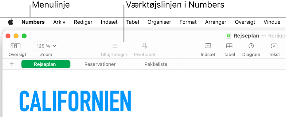 Menulinjen øverst på skærmen med menuerne Apple, Numbers, Arkiv, Rediger, Indsæt, Format, Arranger, Oversigt, Vindue og Hjælp. Under menulinjen ses et åbent Numbers-regneark med knapperne Oversigt, Zoom, Tilføj kategori, Pivottabel, Indsæt, Tabel, Diagram og Tekst på værktøjslinjen øverst.