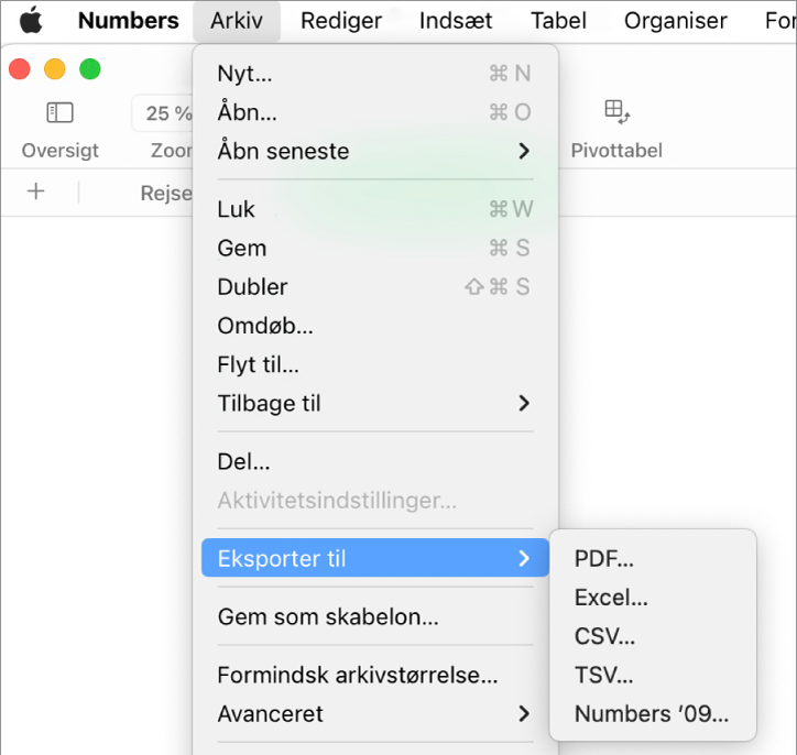 Arkivmenuen åben med Eksporter til valgt og undermenuen med eksportmulighederne PDF, Excel, CSV og Numbers ’09.