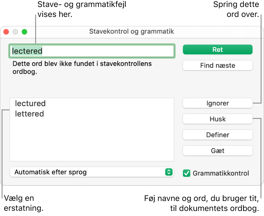 Vinduet Stavekontrol og grammatik.