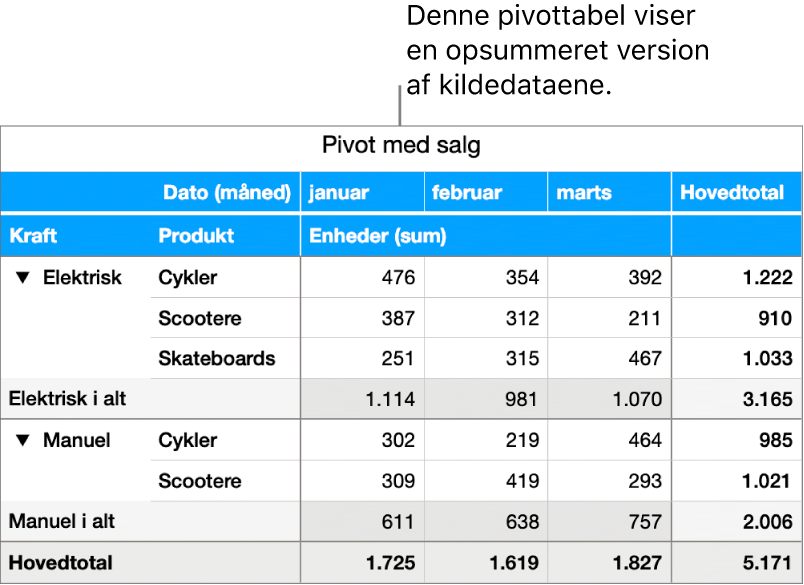 En pivottabel med opsummerede data for cykler, løbehjul og skateboards med betjeningsmuligheder, der kan vise bestemte data.