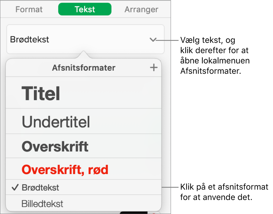 Menuen Afsnitsformater med et hak ud for det valgte format.