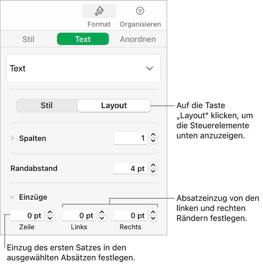 Der Abschnitt „Layout“ der Seitenleiste „Format“ mit Steuerelementen zum Festlegen des Einzugs der ersten Zeile und der Absatzränder.