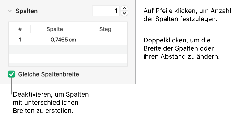 Steuerelemente im Abschnitt „Spalten“ zum Ändern der Spaltenanzahl und der Breite der einzelnen Spalten.