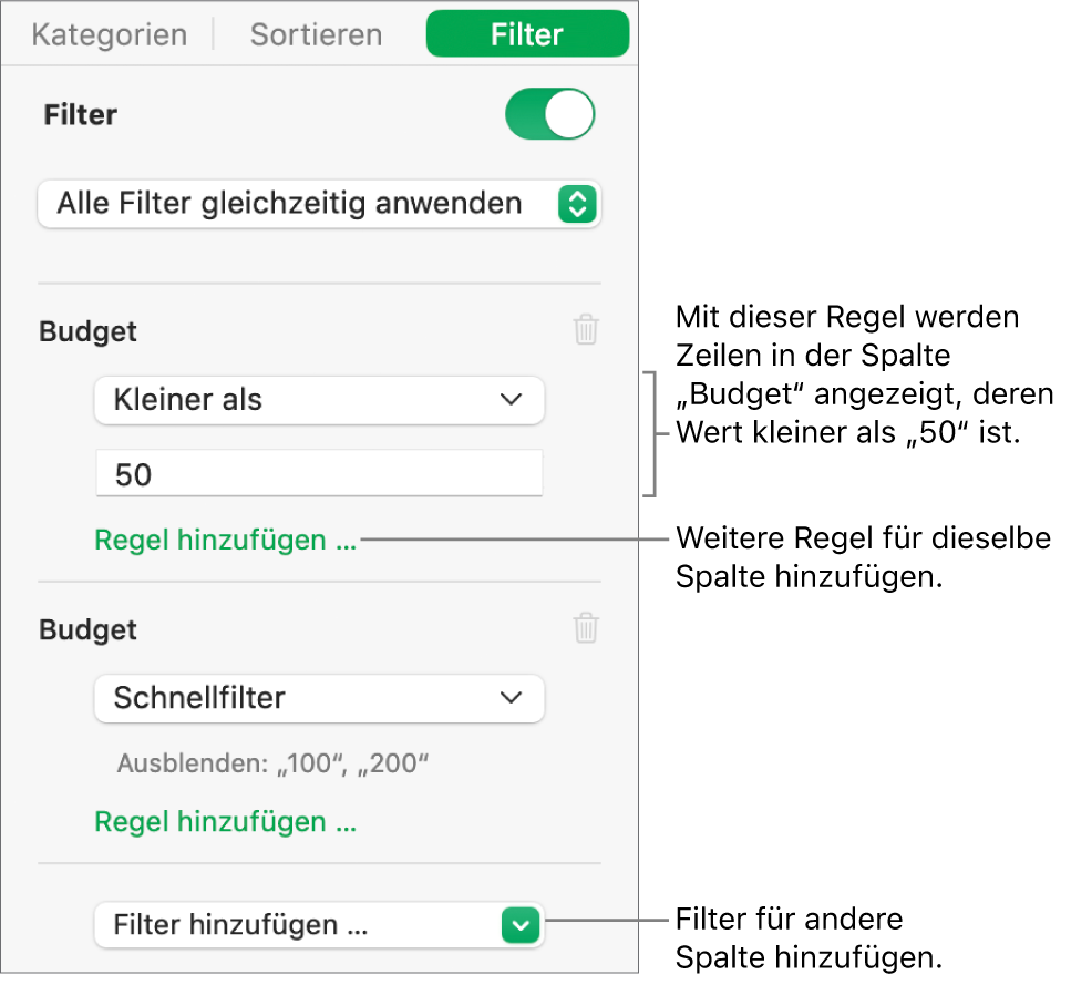 Steuerelemente zum Erstellen von Filterregeln.