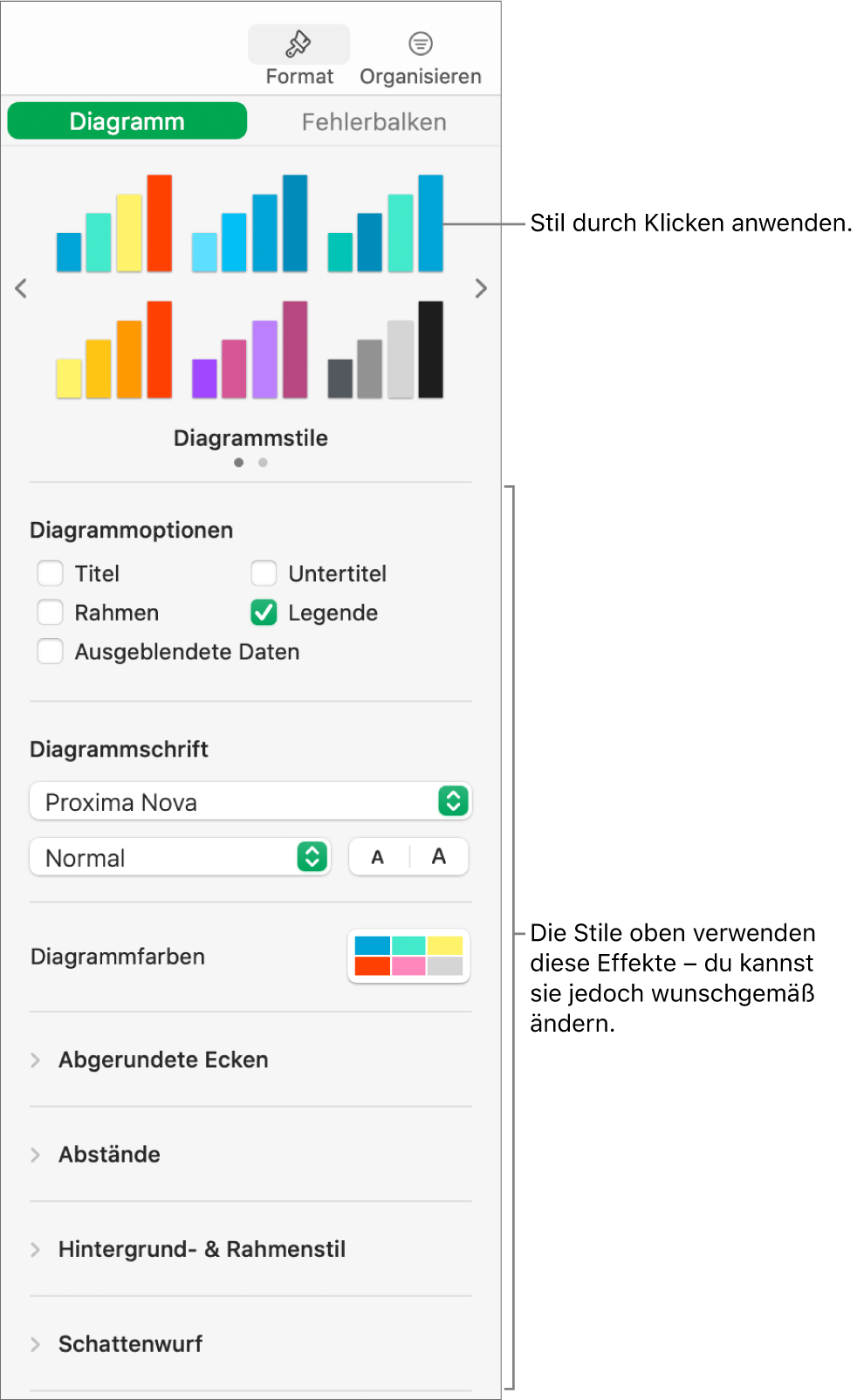 Formatierungsseitenleiste mit Steuerelementen zum Formatieren von Diagrammen