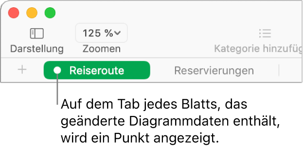 Tab eines Blatts mit einem Punkt, der darauf hinweist, dass das Diagramm, dessen Daten du gerade bearbeitest, auf eine Tabelle auf diesem Blatt verweist.