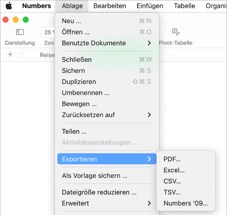 Das geöffnete Menü „Ablage“ mit ausgewähltem Untermenü „Exportieren“ und den Exportoptionen für PDF, Excel, CSV und Numbers '09.