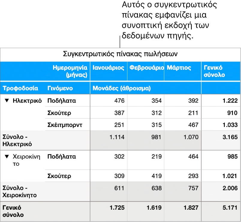 Ένας συγκεντρωτικός πίνακας που εμφανίζει συνοπτικά δεδομένα για ποδήλατα, πατίνια, σκέιτμπορντ, με στοιχεία ελέγχου για αποκάλυψη ορισμένων δεδομένων.