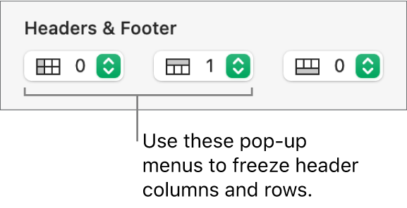 The pop-up menus for adding header and footer columns and rows to a table, and for freezing header rows and columns.