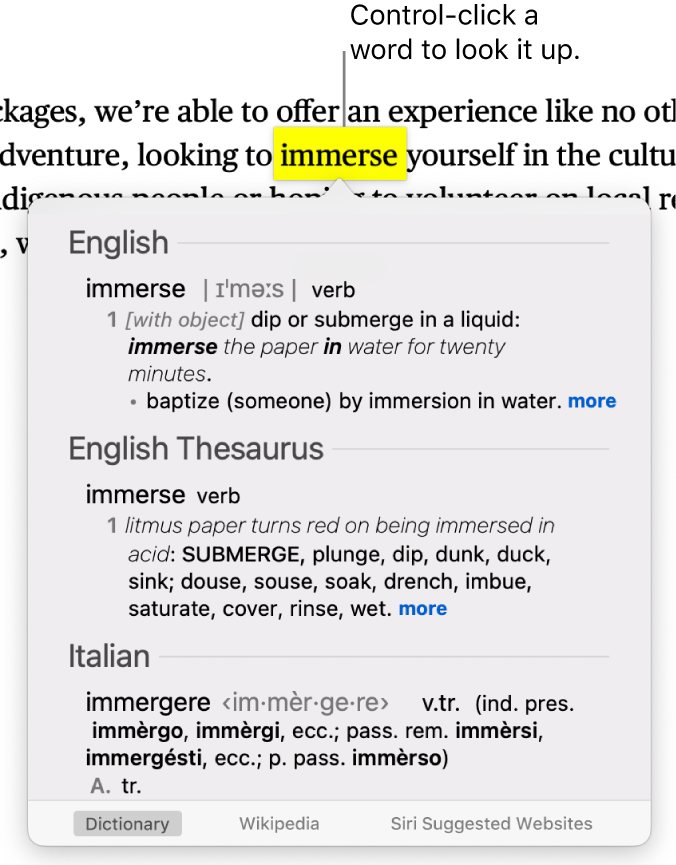 Text with a highlighted word and a window showing its definition as well as a thesaurus entry. Three buttons at the bottom of the window provide links to the dictionary, Wikipedia and Siri suggested websites.