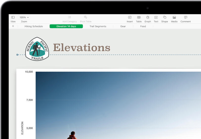 A spreadsheet tracking hiking information, showing sheet names near the top of the screen. The Add Sheet button is on the left, followed by sheet tabs for Hiking Schedule, Elevation, Track Segments, Gear and Food. The Elevation sheet is selected.