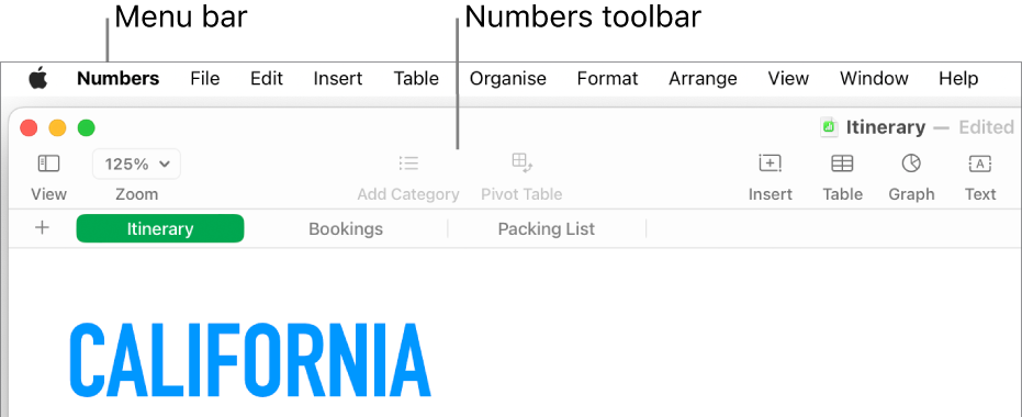 The menu bar at the top of the screen with Apple, Numbers, File, Edit, Insert, Table, Organise, Format, Arrange, View, Window and Help menus. Below the menu bar is an open Numbers spreadsheet with toolbar buttons across the top for View, Zoom, Add Category, Pivot Table, Insert, Table, Graph and Text.