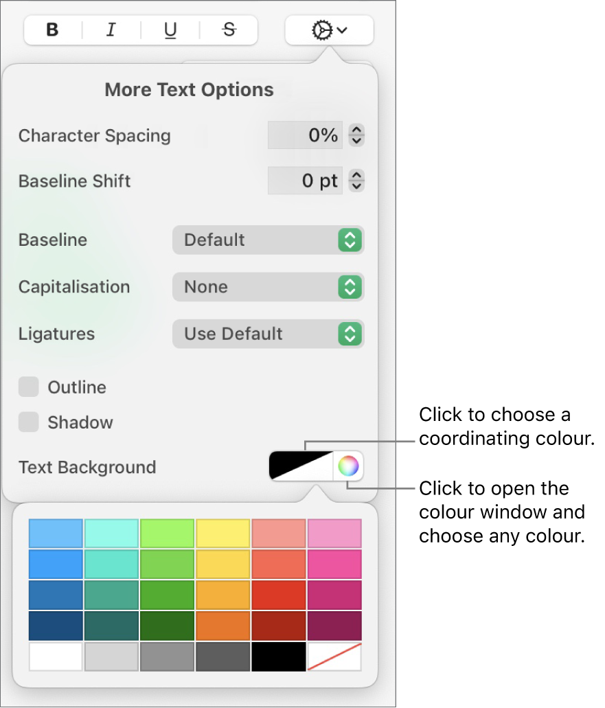 Controls for choosing a character fill.