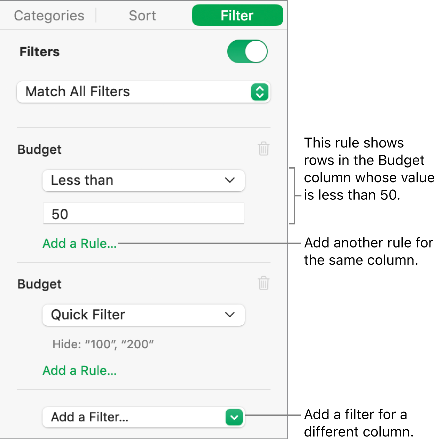 Controls for creating filtering rules.