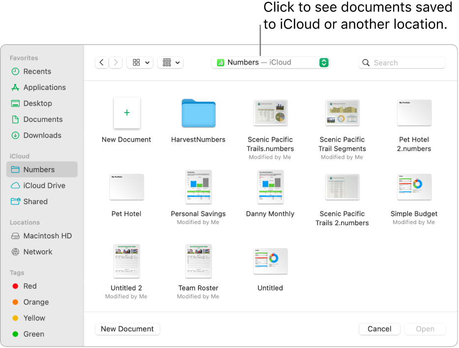 The Open dialog with the sidebar open on the left and iCloud Drive selected in the pop-up menu at the top. Folders for Keynote, Numbers, and Pages appear in the dialog, along with a New Document button.