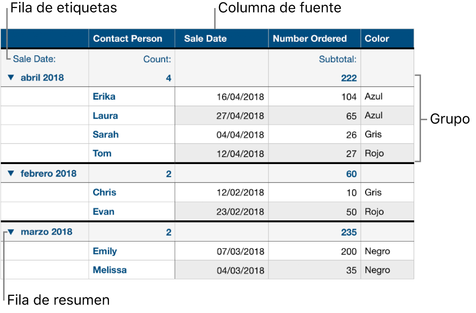 Una tabla categorizada mostrando la columna origen, los grupos, la fila resumen y la fila etiqueta.