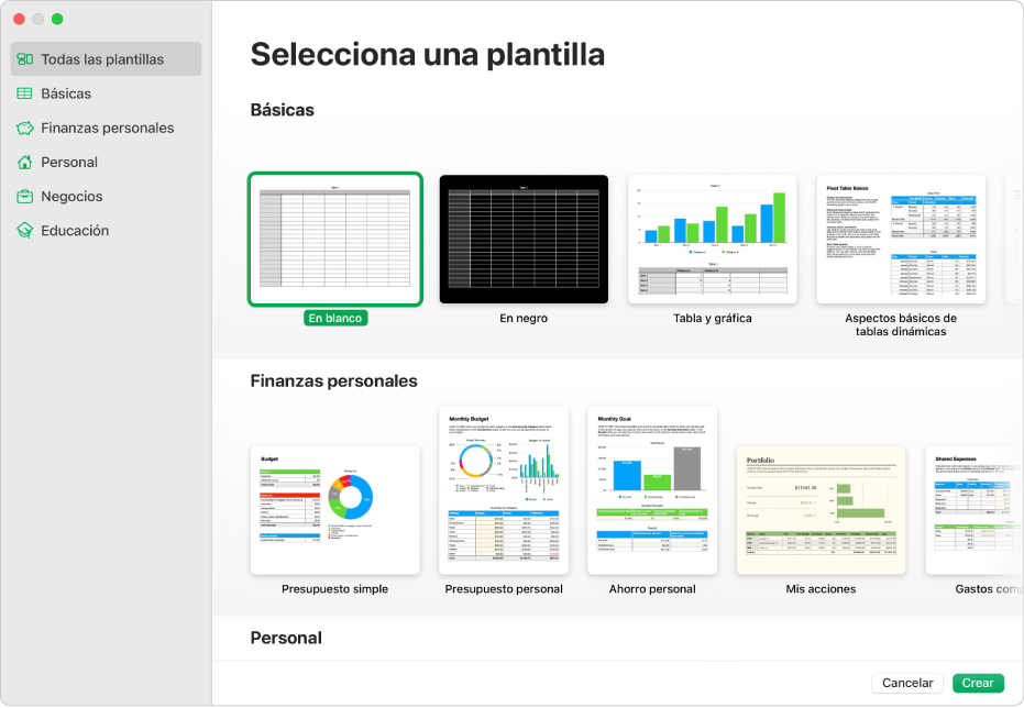 El selector de plantilla. A la izquierda aparece una barra lateral que muestra categorías de plantillas en las que puedes hacer clic para filtrar las opciones. A la derecha están las miniaturas de plantillas prediseñadas, ordenadas en filas por categoría.