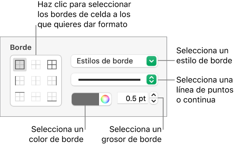 Controles para aplicar un estilo a los bordes de celda.