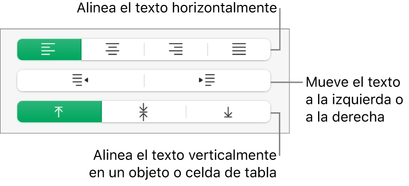 Sección Alineación con botones para alinear el texto horizontalmente, mover el texto hacia la izquierda o hacia la derecha, y alinear el texto verticalmente.