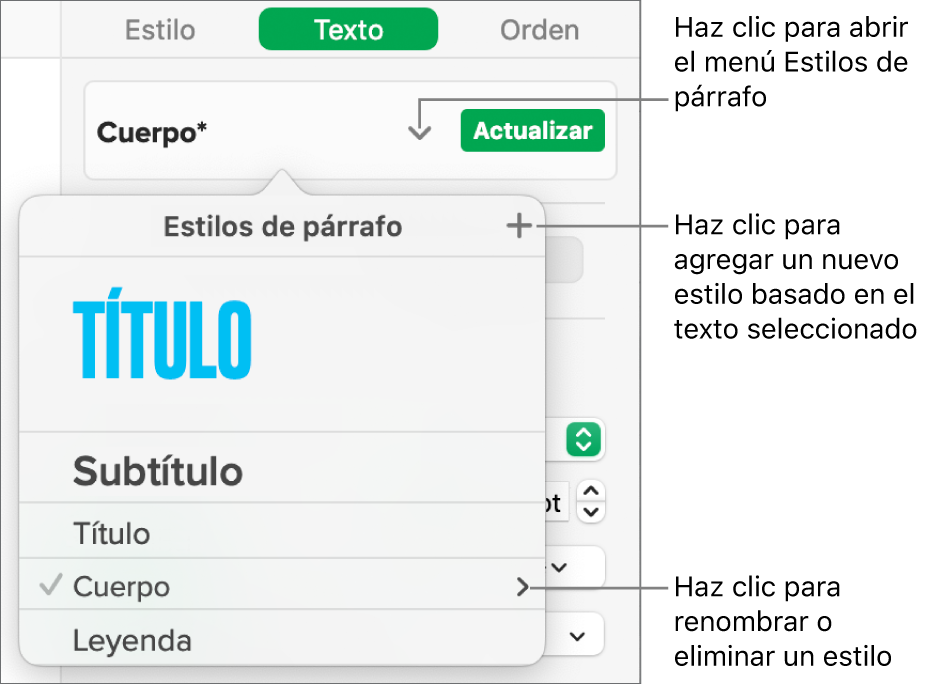 El menú Estilos de párrafo muestra controles para agregar o cambiar un estilo.